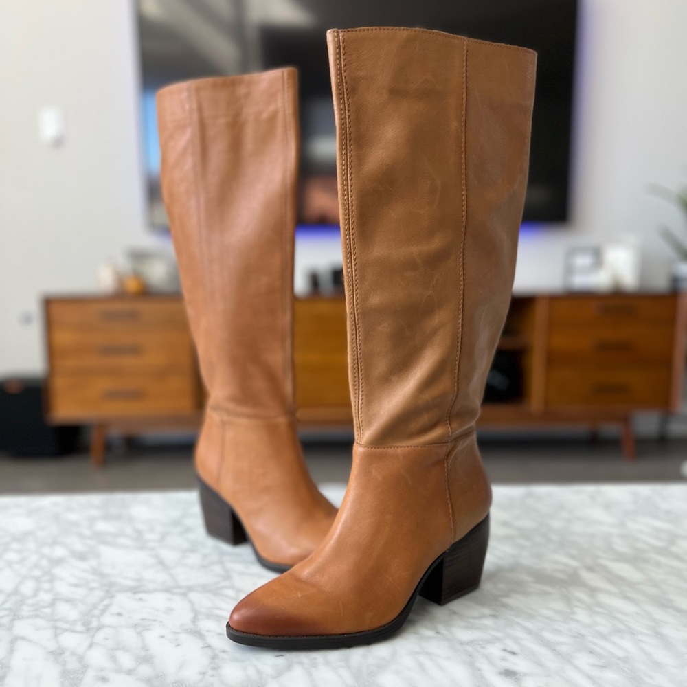 Tan Leather Knee-High Cowgirl Boots